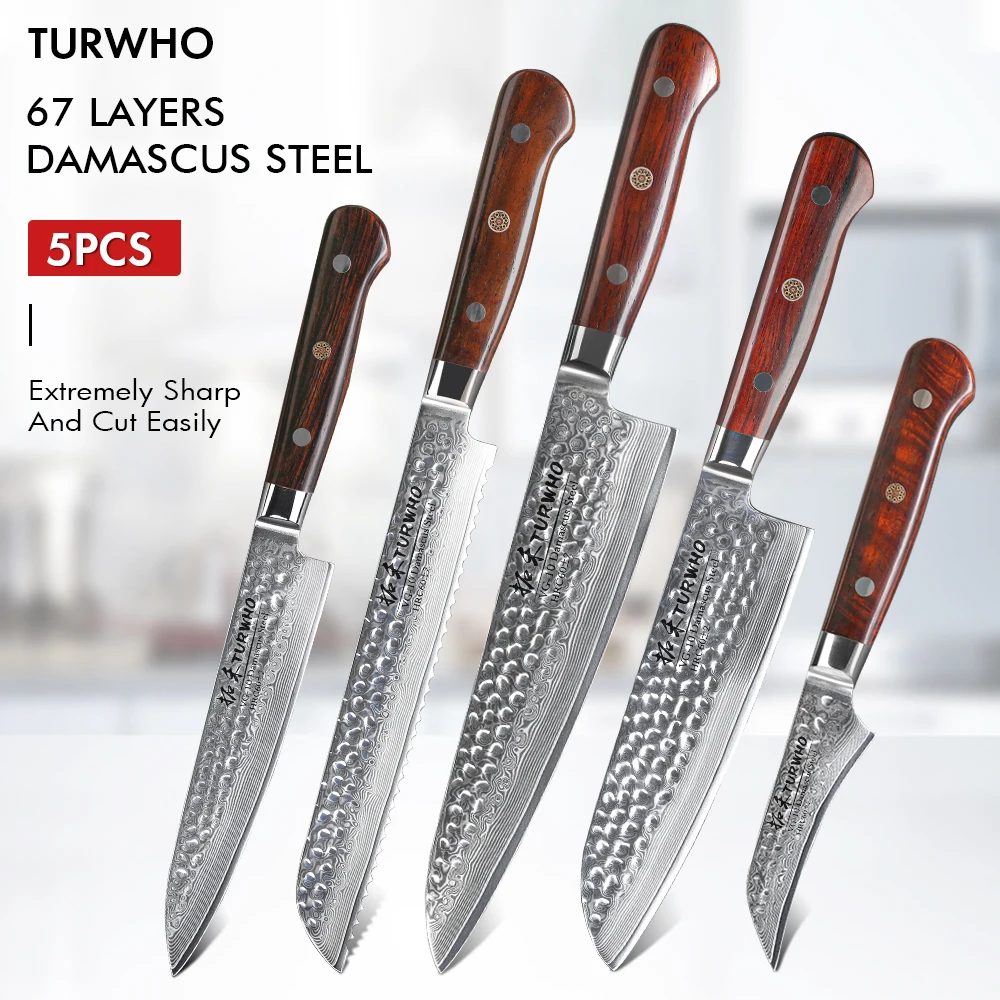 TURWHO 5PCS Japan Santoku Knives Chef Knives Bread Knife 67 Layer High Carbon Damascus Steel Professional Kitchen Knife Set