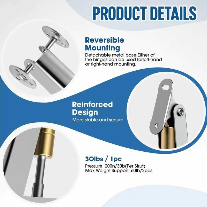 2Pcs Heavy Duty Gas Struts,60N-200N Soft Close Lid Support Hinges,Lid Stay,Gas Shocks Springs, Auto Slow Lowering Lid Lifters
