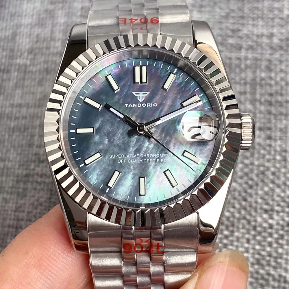 

Tandorio 36/39mm Blue Mother of Pearl Dial Fluted Bezel Sapphire Crystal NH35 Automatic Movement Watches For Men 200m Waterproof