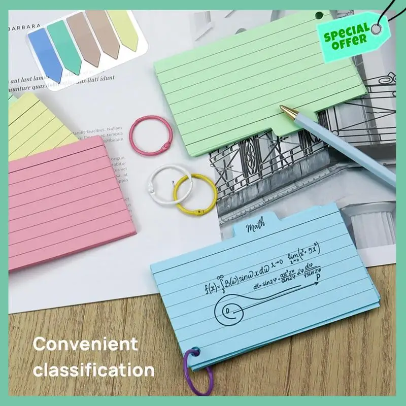 بطاقات فهرس A95Q-300، بطاقات فهرس مسطرة مقاس 3 بوصة × 5 بوصة مع حلقة، بطاقات فلاش مبطنة ملونة، بطاقات ملاحظات على كلا الجانبين