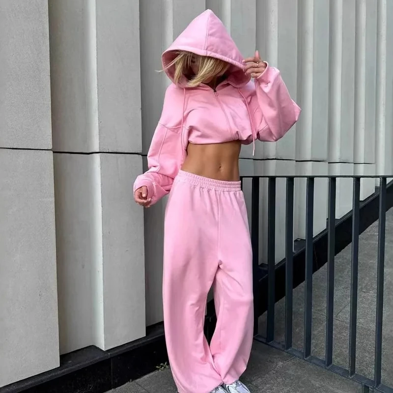 

Pant Set Women Hoodies Two Piece Sets Hooded Matching Sets Zipper Tops Wide Leg Long
