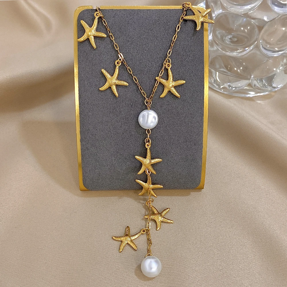 

DODOHAO Starfish Pearl Y-Necklaces For Women Beach Style Gold Color Pendant Necklaces Long Chain Stainess Steel Fashion Jewelry