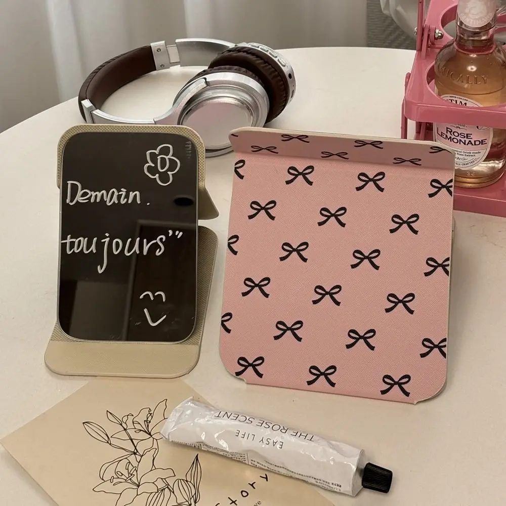 Pu Leather Desktop Stand Mirror Pink Bow Folding Vanity Mirror Delicate Compact Cosmetic Mirror Pocket Make-up Mirror Unisex