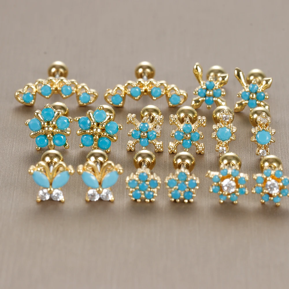 2pcs Stainless Steel Petal Turquoise Stud Earrings for Women Gold Color Piercing Screw Earring Fashion Wedding Jewelry 2023