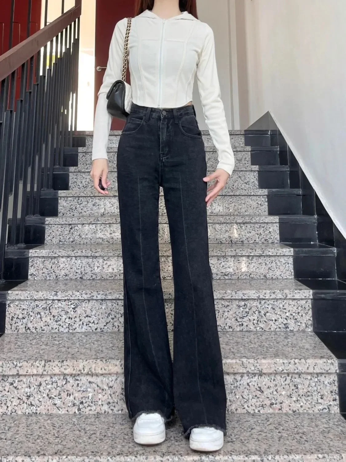 

Casual Skinny Black Denim Pants Women High Waist Young Flare Jeans Female Spring Summer Preppy Style Trousers Lady Z332