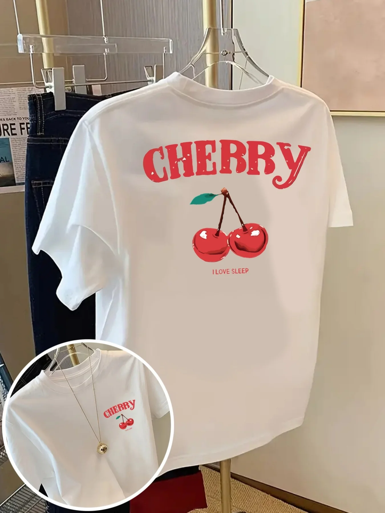 T-shirt à manches courtes et col rond avec imprimé graphique Cherry I LOVE SLEEP, haut décontracté, vêtements esthétiques pour femmes, été et printemps