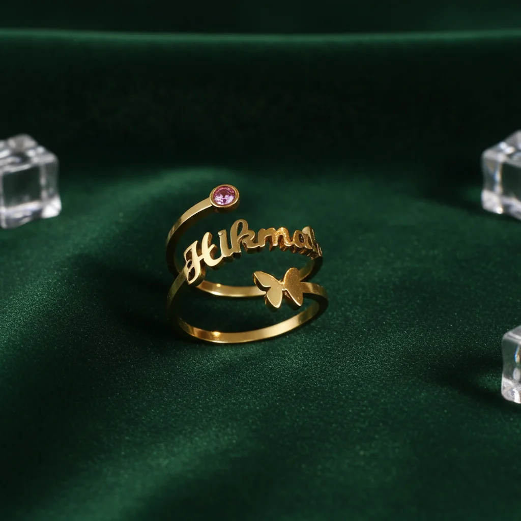 Customized Name Ring for Women Personalized 18K Gold Plated Stainless Steel Open Adjustable Butterfly Ring with Birth Stone