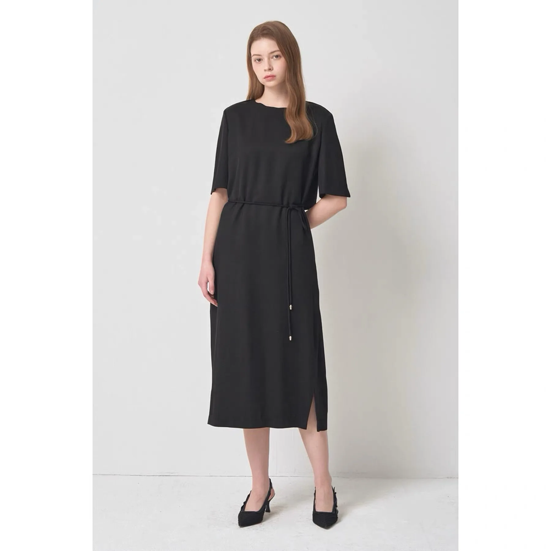 

Long Draped Dress Lemon Cheese round Neck Back Design Belted Waist Summer Casual Dress Women's Fashion Commute Style Short Sl...