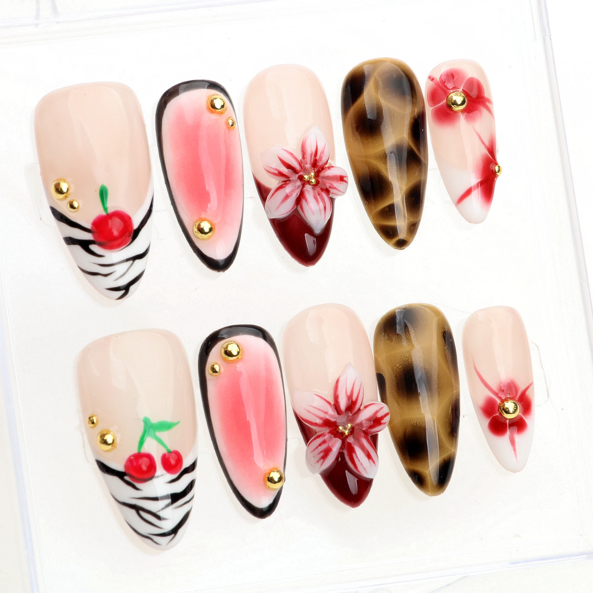 10Pcs Colorful 3D Dry Orchard Garden Press On Nails,Manicure Medium Almond Shell French Nails,Design with Adhesive Nail File Set