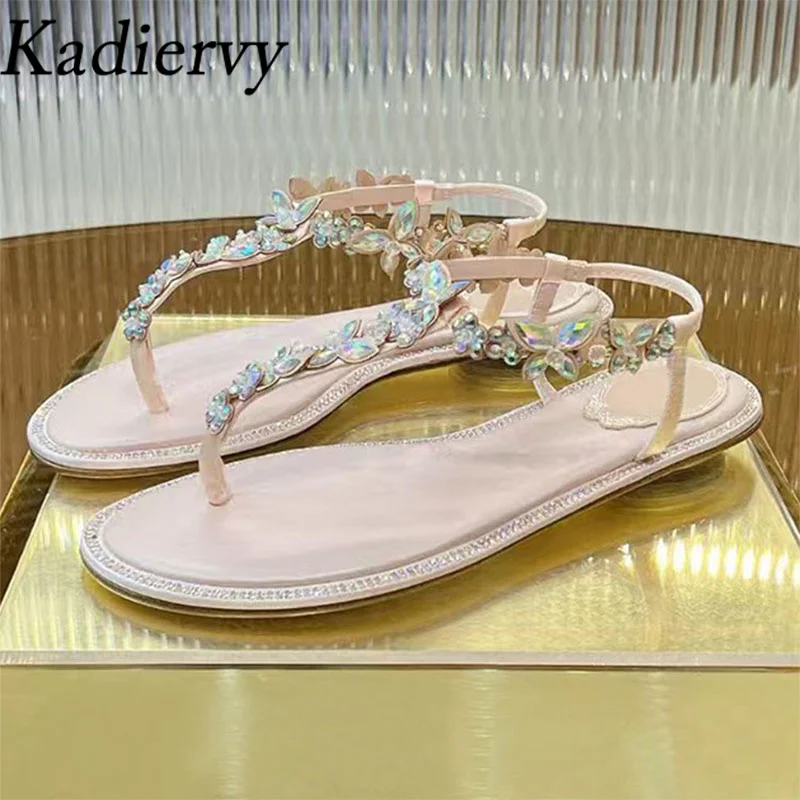 

New Arrival Flat Sandals Woman Rhinestone Flower Ankle Buckle Strap Summer Shoes Woman Flip Flop Bling Crystal Sandals Women