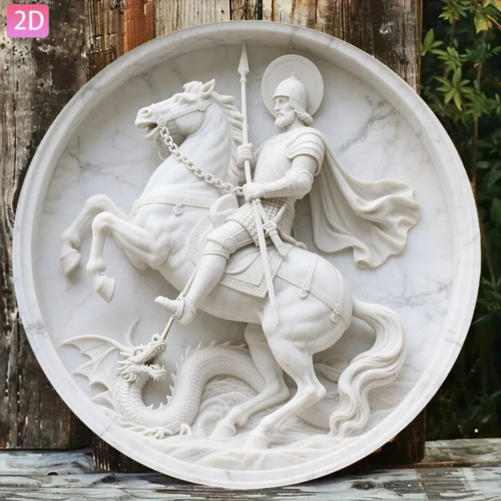 Letrero Redondo de Madera Rústico Retro de Fantasía Medieval con Caballero, San Jorge, Dragón y Caballo, Placa de Madera, 2D Plano, Estilo Vintage