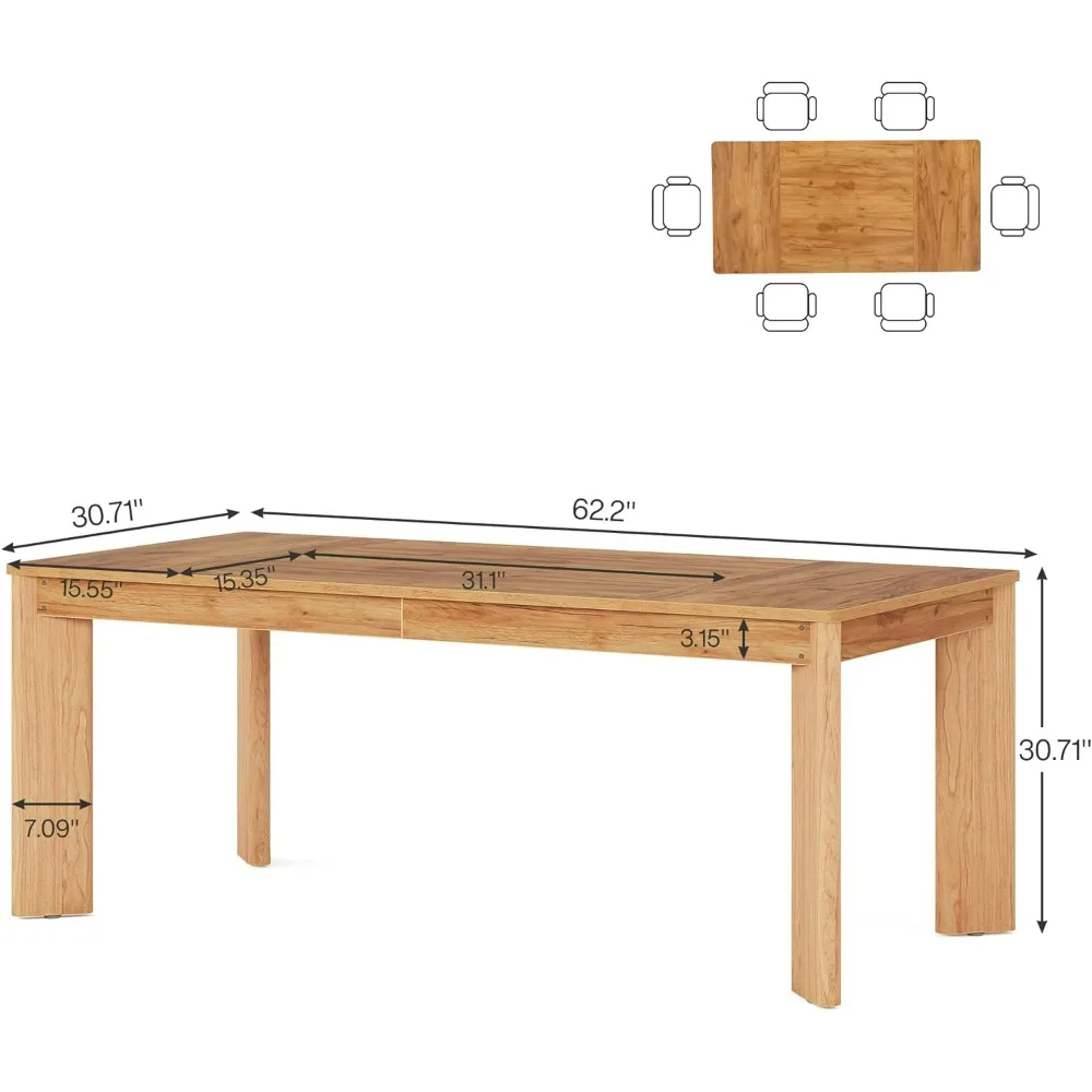 Modern Dining Table for 4 To 6 People, 62-Inch Farmhouse Kitchen Table, Wood Dinner Table for Dining Room, Kitchen, Living Room