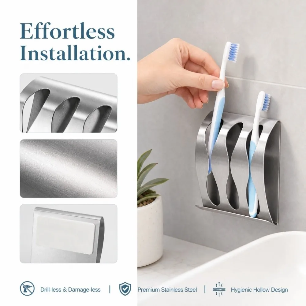 Stainless Steel Toothbrush Holder Punch-Free Wall Mount Toothbrush Organizer Self-Adhesive Modern Design Razor stand