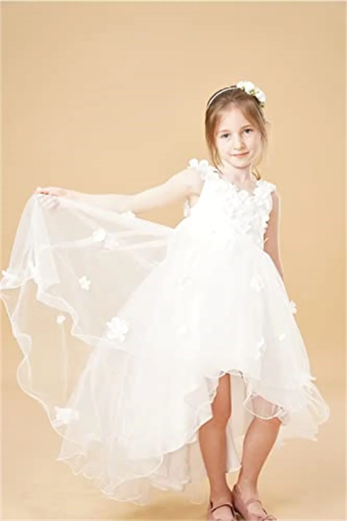 Eightale Flower Girl Dresses For Wedding High Low Tulle Flowers Appliqued Princess Pageant Formal Party Dress Ball Gowns