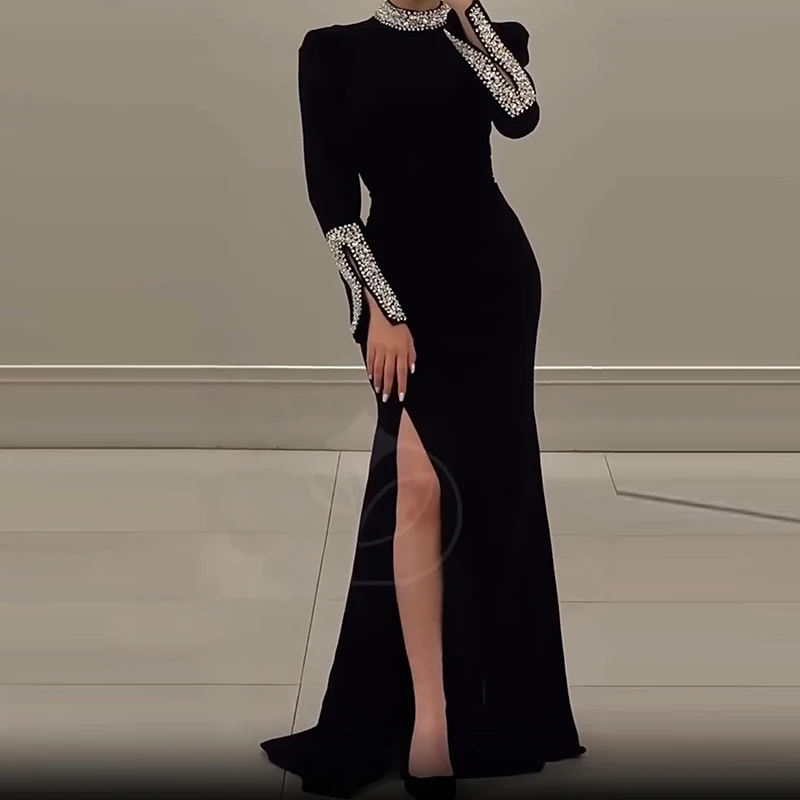 Luxury Elegant Slim Rhinestone Evening Dress 2025 New Women\'s Temperament Split Long Robe Sexy Bodycon Long Sleeve Banquet Dress