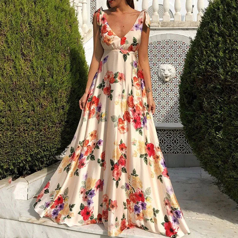 Elegant Deep V Backless Maxi Dress Summer Tie-Up Bow Straps Sleeveless Beach Long Dress Women Floral Printed Lady Party Dress