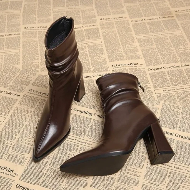 

Short Boots for Women 2025 New Style Pointed Toe Thick Heel Ankle Boots, Fashionable Soft Leather Midsole Pleated Pile Boots