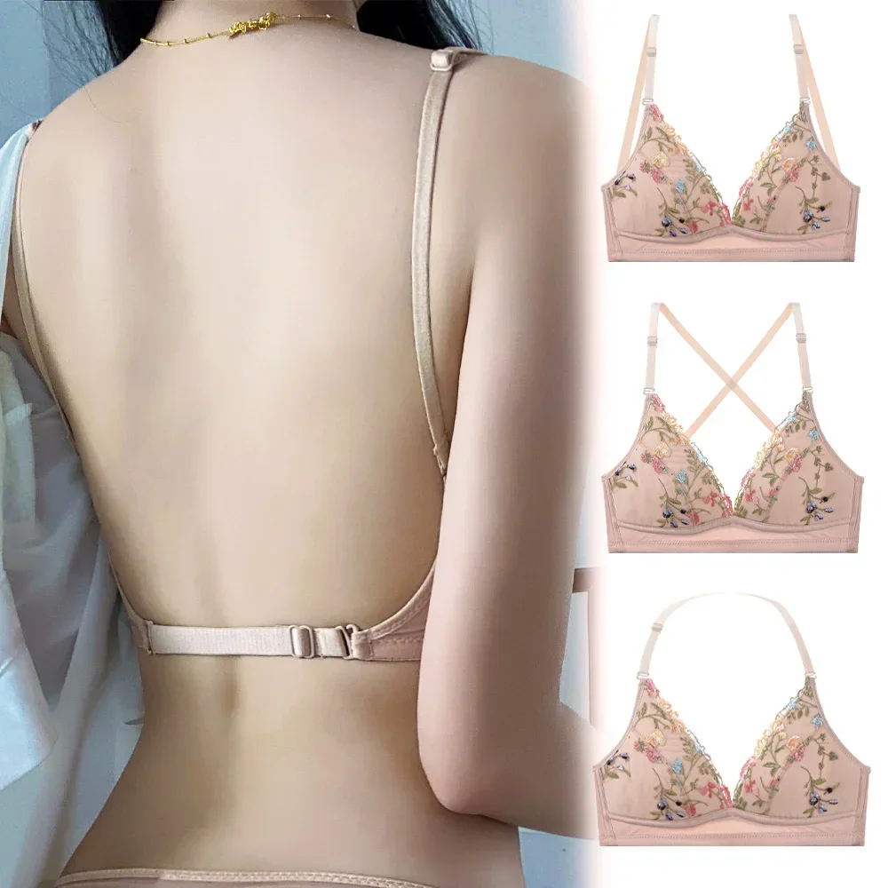 Soutien-gorge à dos ouvert avec broderie florale pour femme, lingerie sexy, bralette sans fil, sous-vêtements romantiques français, soutiens-gorge à dos bas en U profond