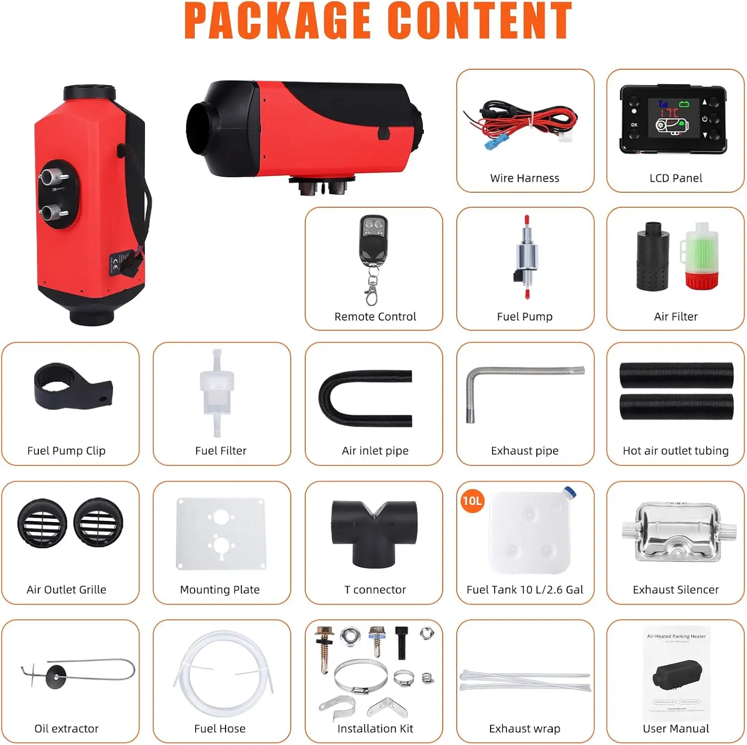 Diesel Air Heater, 12V Split Portable Diesel Car Heater With Remote Control, LCD Display, Muffler No-Punch 9L.Knob Switch Tank