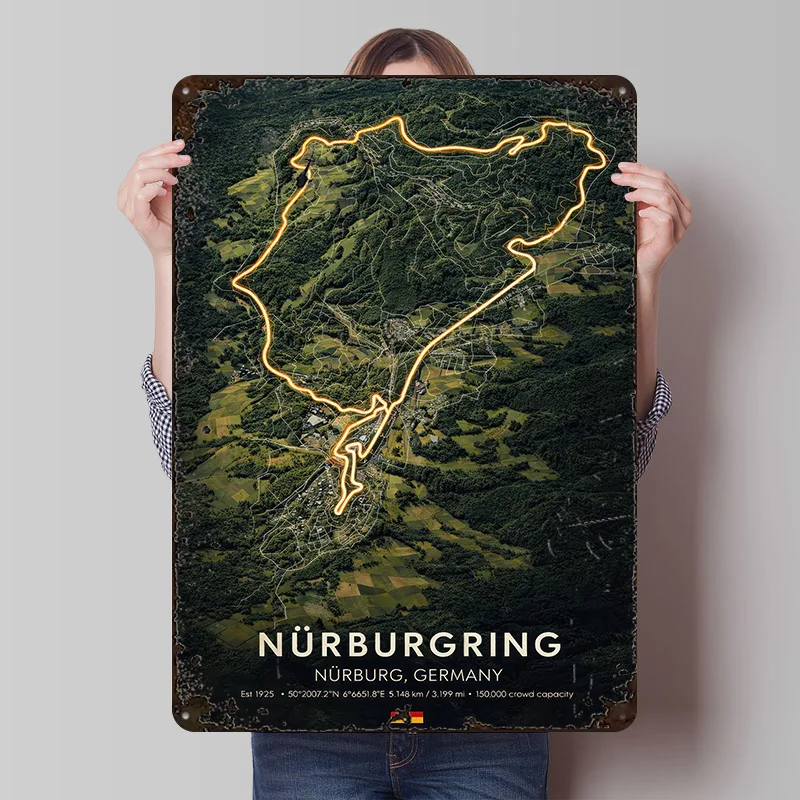 Nürburgring Rennstrecke Blechposter Maßgefertigte Wandkunst Vintage Metallschilder Retro-Platten für Heimdekoration Raumzubehör Haus