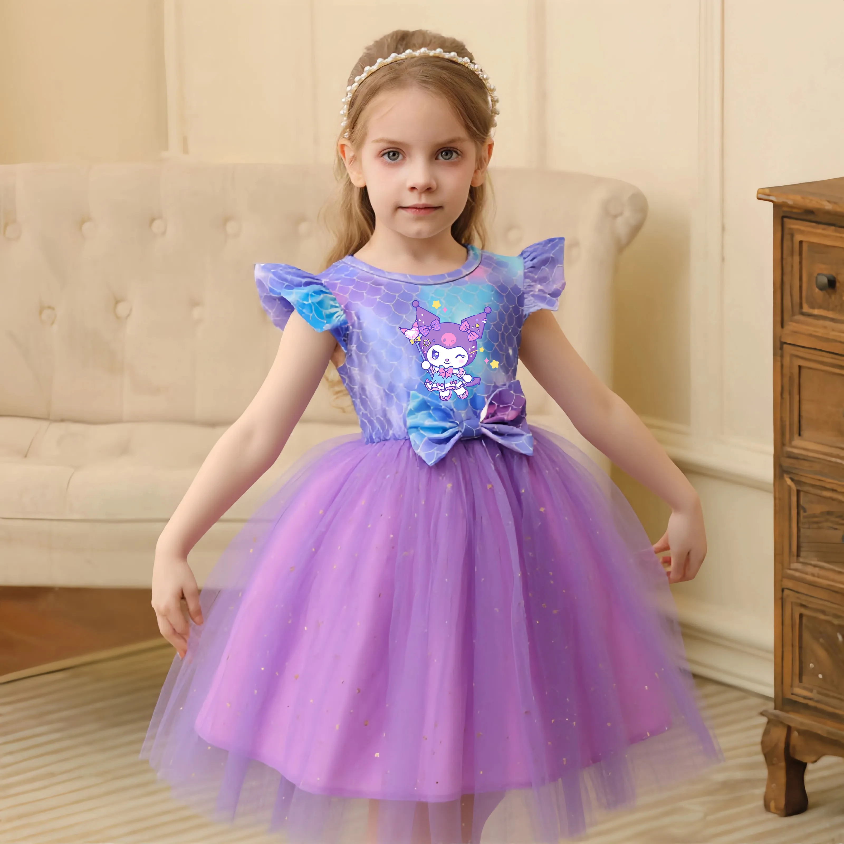 

Kuromi Kids Princess Dress for Baby Girls Summer Casual Children Clothes Butterfly Fish Scale Mesh Dresses 2-7Y