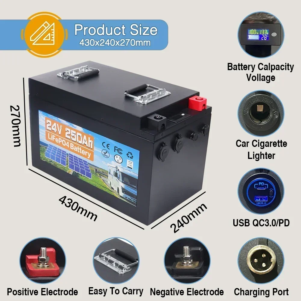 24V 250Ah LiFePO4 Battery Built-in BMS Lithium Iron Phosphate Cells Pack 6000 Cycles Life For RV Campers Golf Cart Solar Storage