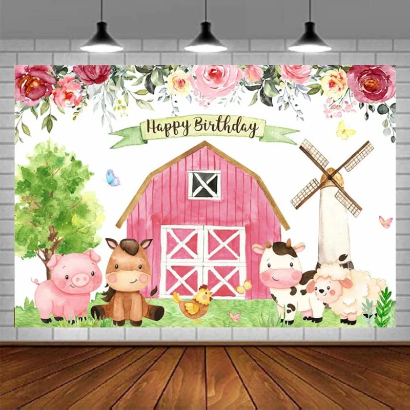 Pink Farm Photography Backdrop Girls Floral Barnyard Background Cartoon Animals Farmhouse Princess Birthday Baby Party Banner