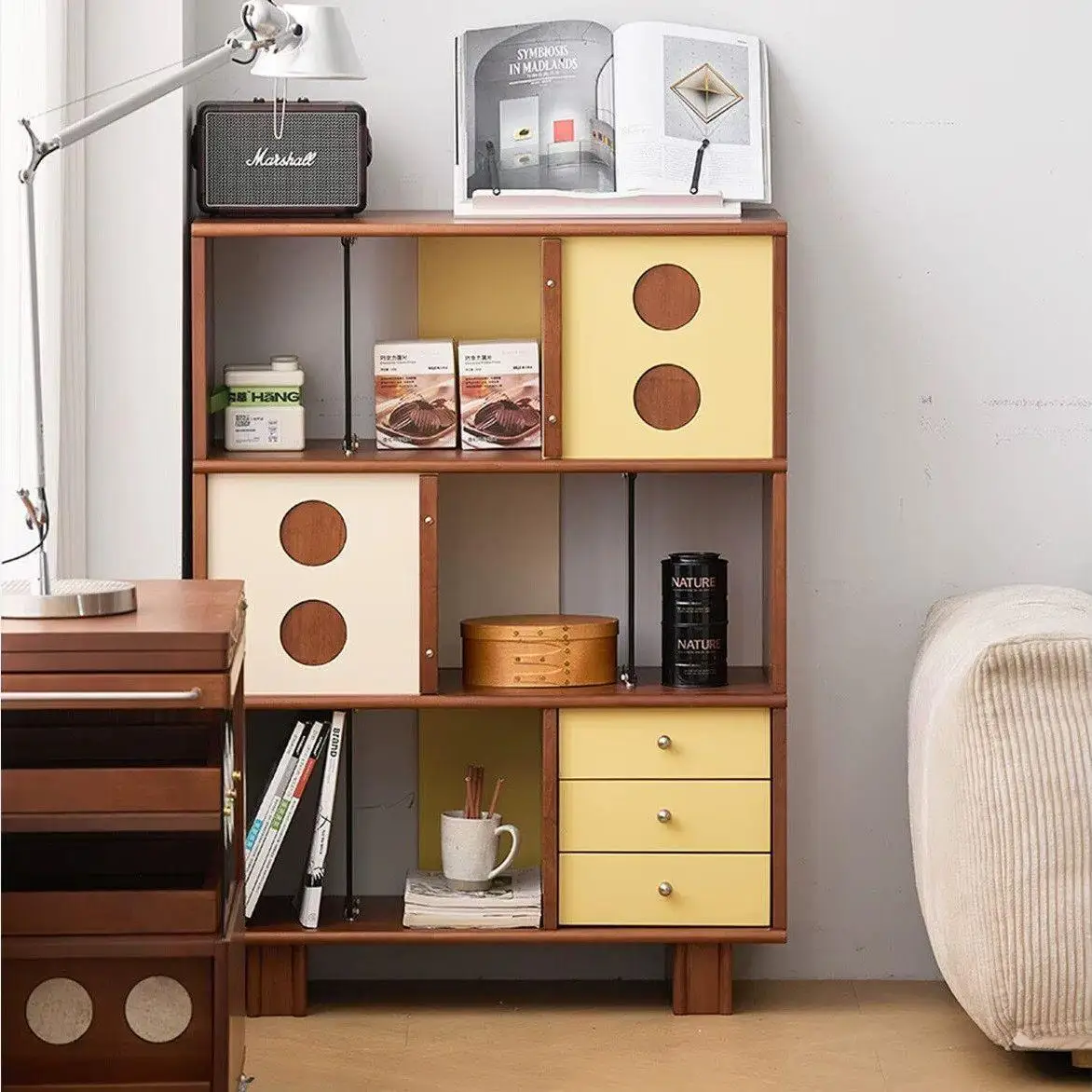 YJQ multi-functional display bookcase magazine locker sliding door medieval solid wood porch side cabinet