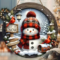 Christmas Snowman Cardinal Wooden Sign 2D Relief Effect of Christmas Round Sign for Front Door Wall Hanging Decor Ideal Xmas