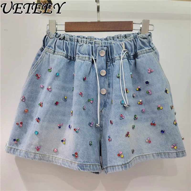 

European Station Summer New Heavy Industry Full Diamonds High Waist Elastic Loose Shorts Skinny Wide Leg Denim Short Jeans