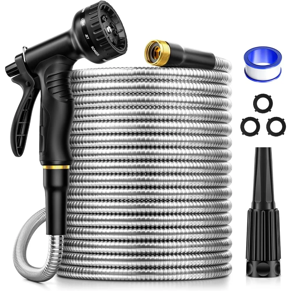 

Garden Hose JTTHKK Water Hose 75 Ft - 304 Stainless Steel Metal Hose with 10 Function Nozzles, No-Kink,Rust Proof, Easy To Store