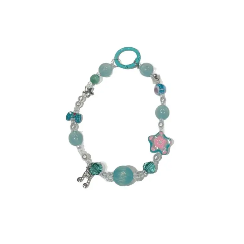 Ins Popular Light Blue Beaded Phone Charm Strap Anti-Loss Star Pearl Bow Accent for Women Phone Purse Hanging Decor - view 5