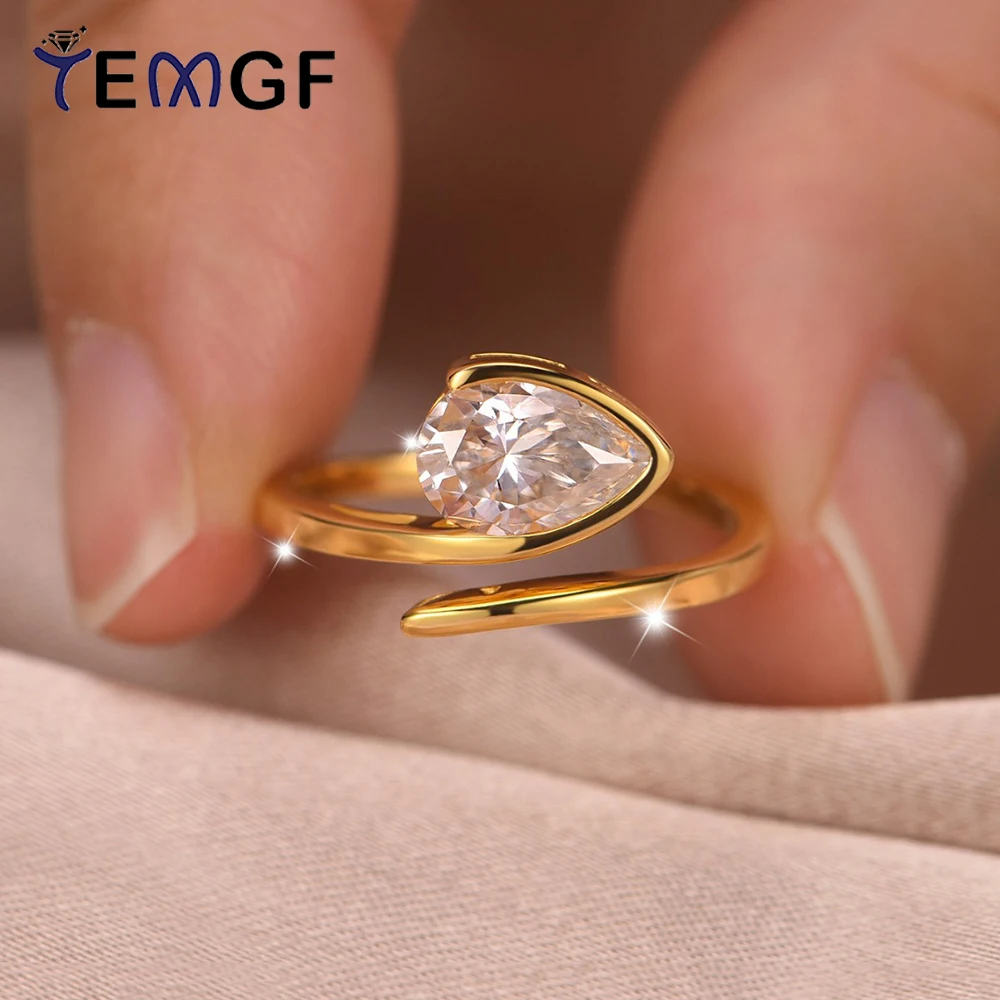 

TEMGF 1.5CT Pear Cut Moissanite Ring With Certificate 925 Sterling Silver Plated 18K Gold Wedding Party Fine Jewelry for Women