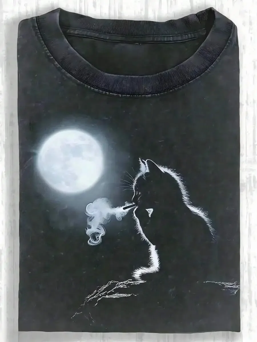 Unisex Dark Aesthetic Mystical Cat Graphic T Shirt Full Moon Night Vintage Washed Cotton Crew Neck Short Sleeve Retro Casual Daily Tops
