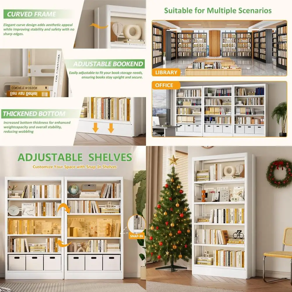 5-Tier White Industrial Style Metal Bookshelf with Adjustable Shelves and Book Stoppers