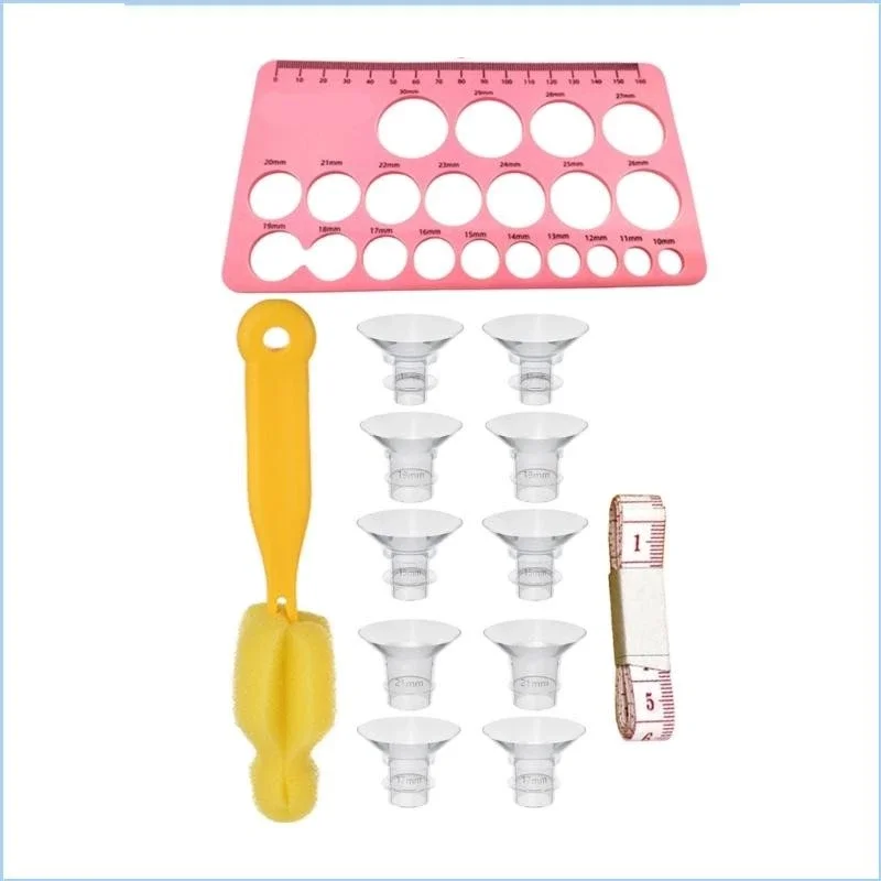 13-piece flange breast pump set with horn cover, nipple adapter, plus measuring card and brush, 13mm, 15mm, 17mm, 19mm, 21mm.