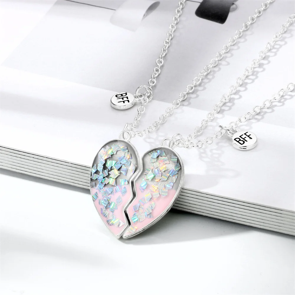 Cute Cartoon Glitter Heart Necklaces for Women Girls Magnet Attract Butterfly BFF Charm Clavicle Chain Friendship Jewelry Gifts