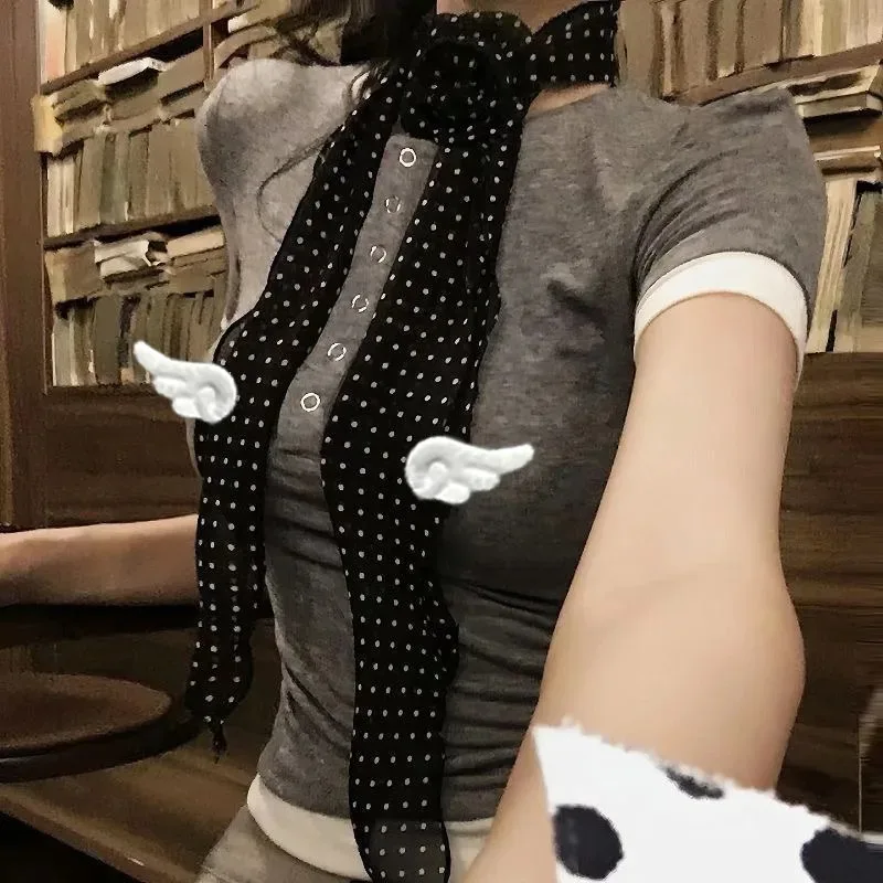 Polka Dot Wings Ribbon Scarf Y2K Hair Accessories Black Satin Long Neckerchief with Plush Wing Charm for Bag Headband Sweet Cool