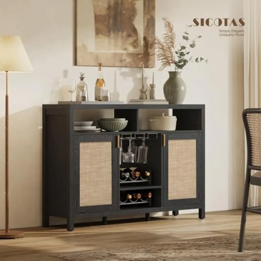 Rattan Coffee Bar Cabinet with Wine Racks and Metal Stemware Holders