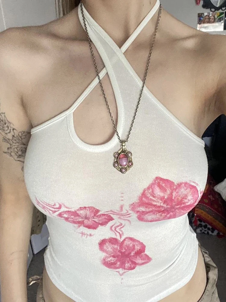 FSMG Sexy Flower Prints Backless Cross Hanging Neck Vest  Fashion Personality Holiday Style Slim Suspenders Tops Summer Casual