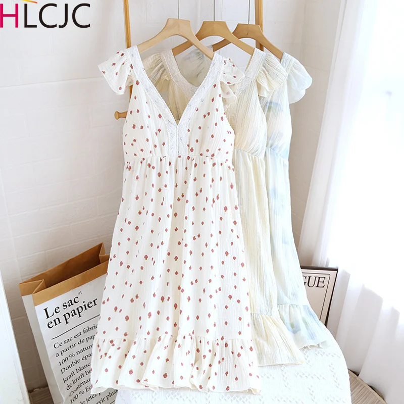 Camisola de gaze dupla feminina, crepe fresco com almofada no peito, suspensórios sexy com decote em v camisolas finas de algodão, verão