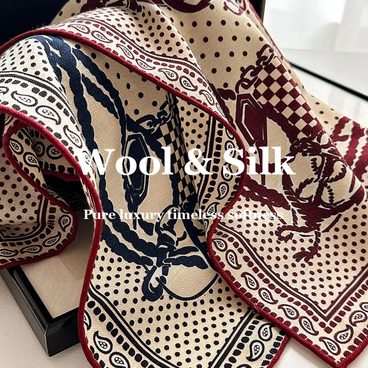

82% Wool 18% Real Silk Square Scarf Paisley Print Shawl Wrap Luxury Brand Fashion Hijab Pashmina Poncho Neckerchief Headkerchief