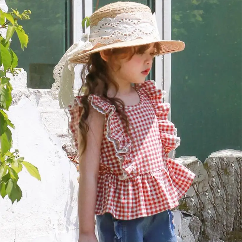 

Girl Princess Plaid T-Shirts Summer New Sleeveless Korea Style Tops Kids Cotton Tees Children Ruffles Tops 2-12Y Wz786