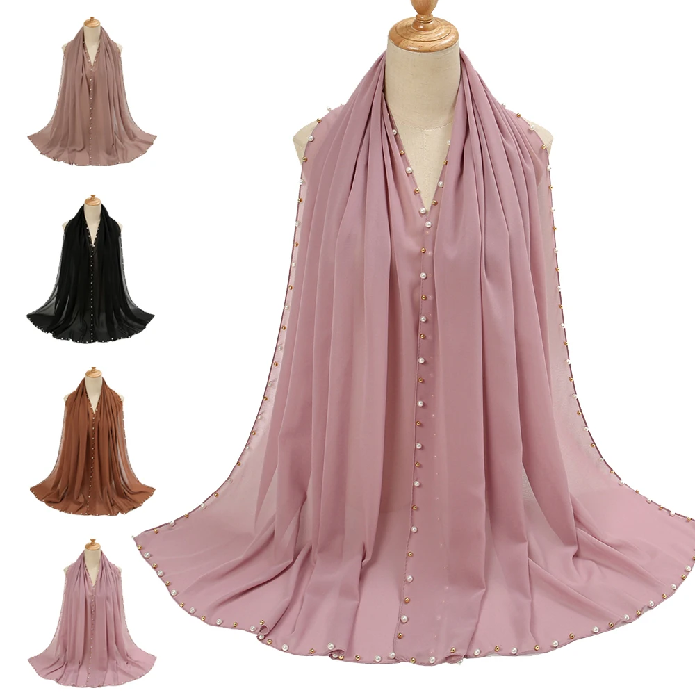 

Muslim Bubble Chiffon Hijab Shawl Plain Stitch Pearl Beads Scarves Wrap Islam Ramadan Scarf Stole Bufanda Foulard Turbante Mujer
