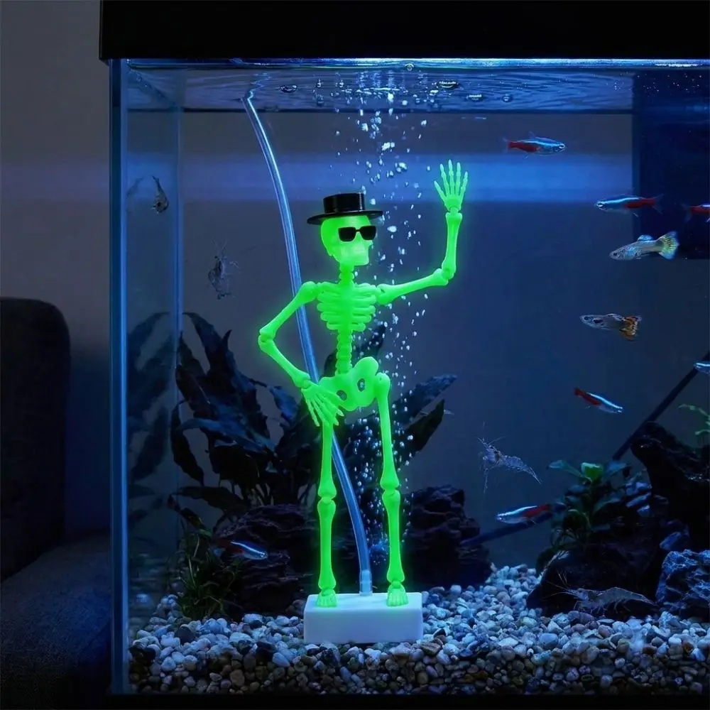 3D Printed Dancing Skeleton Aquarium Bubbler Plastic Wear Hat Sunglasses Dynamic Skeleton Bubbler Air Driven with Air Tube