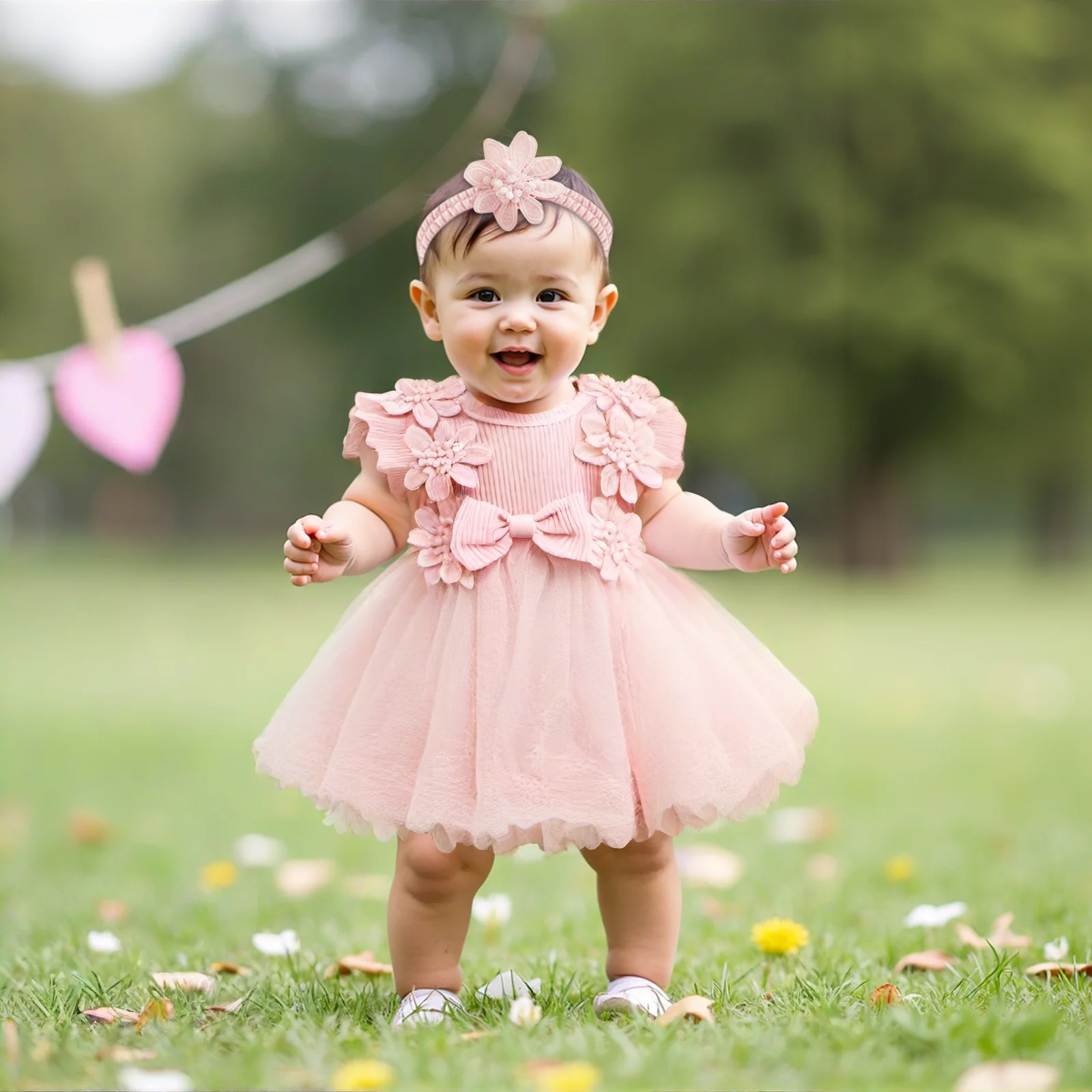 Baby Girl Mesh Lace Ruffle Princess Romper Dress Headband Sweet Girls Summer Bow Flower Bodysuits Dress Outfits