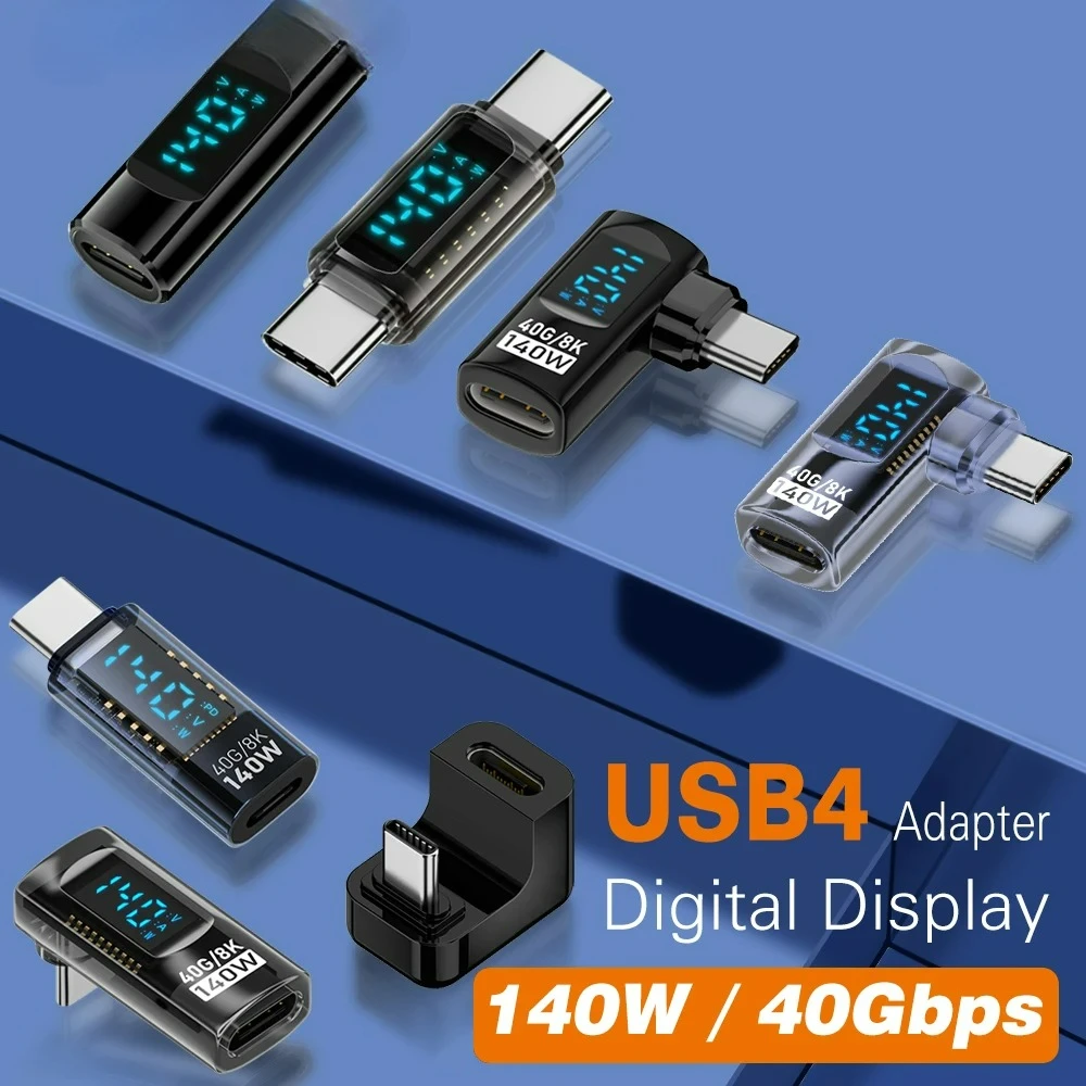 90 Degree USB C Adapter Right Angle U Shape USB4 Type C Adapter 40Gbps with LED Display PD 140W 8K Extender for Thunderbolt 3/4