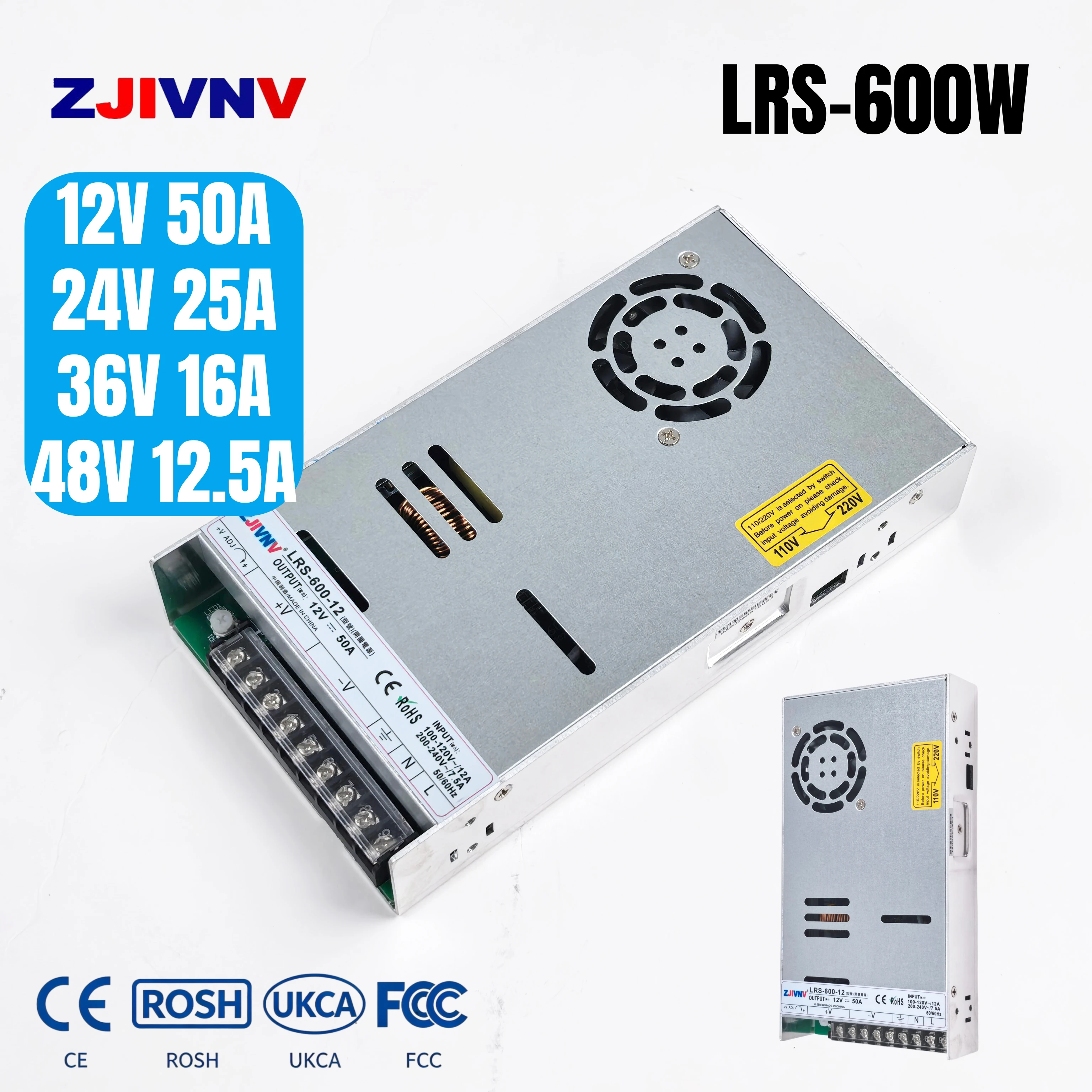 LRS-600W AC-DC Power Supply 110V/220V to DC 12V/24V/48V High Power SMPS for Ham Radio Base Station & Lab Equipment 50A 25A 10A