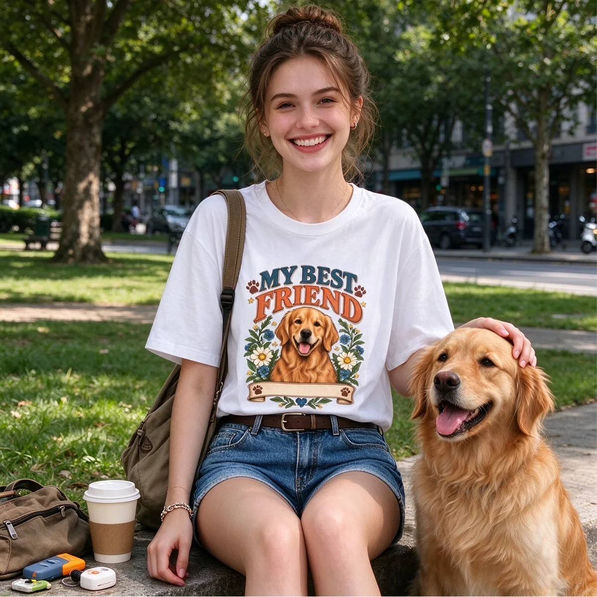 Women White Short Sleeve T Shirt My Best Friend Golden Retriever Dog Floral Graphic Great Gift Dog Lover Crew Neck Loose Casual