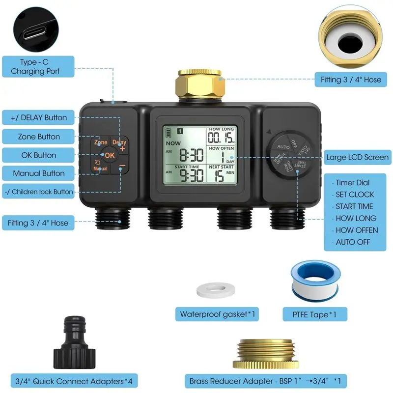 AB34-4 Outlets Automatic Water Timer Irrigation Programmer Dip Watering Faucet For Garden Lawn Yard